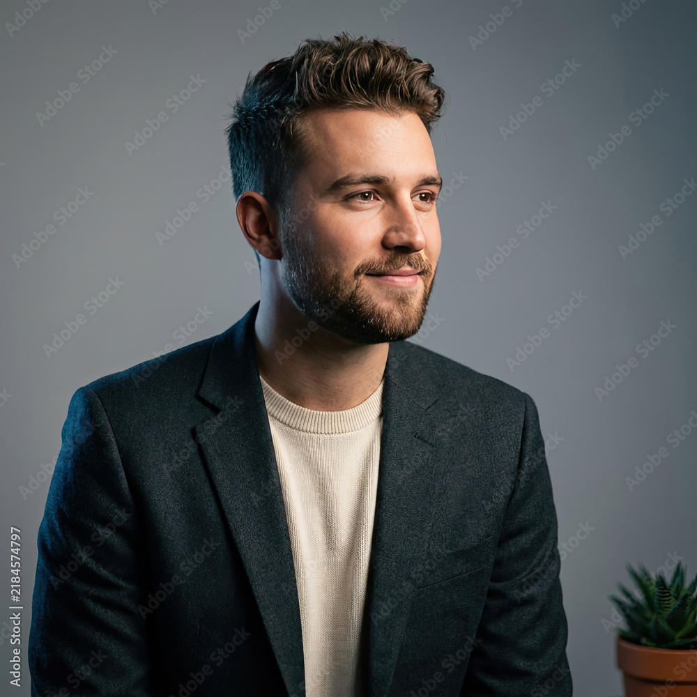 Fototapeta premium Confident young businessman wearing a dark blazer over a white t-shirt indoors.