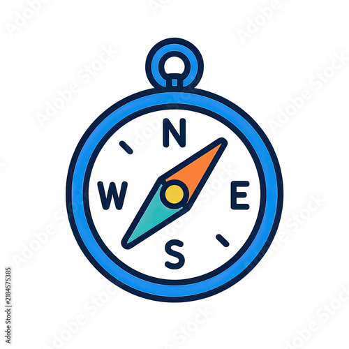 Brightly colored compass symbol for finding direction and adventure, isolated on white.