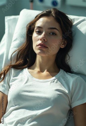 Woman lying on bed in hospital room.