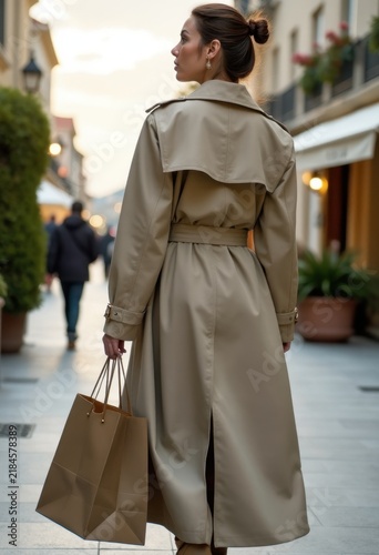 Woman in trench coat walking down sidewalk.