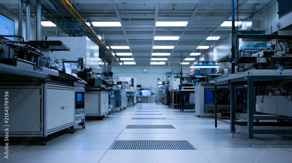 Obraz premium A long clean industrial manufacturing corridor with rows of equipment and bright overhead lighting