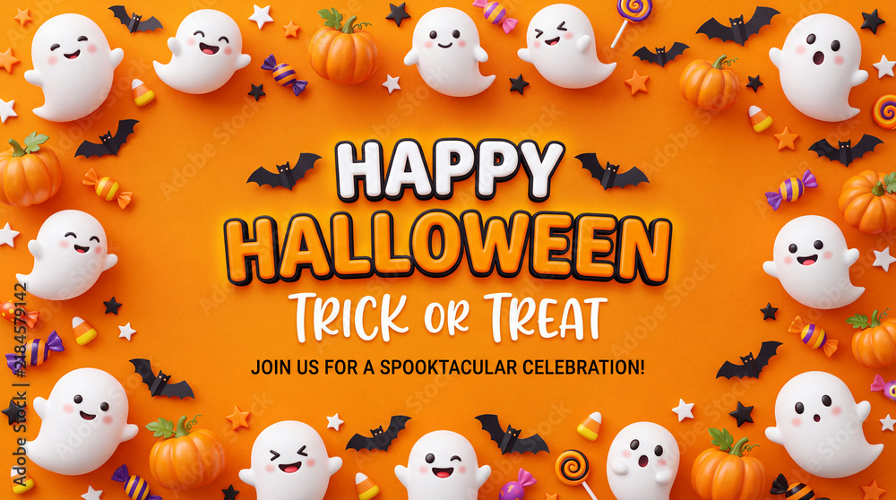 Fototapeta premium Halloween Trick or Treat Banner With Ghosts Pumpkins and Bats