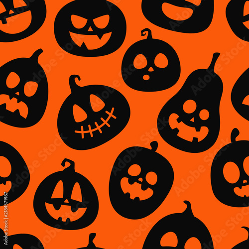 Seamless vector pattern on Halloween theme with silhouettes of spooky black pumpkins on orange background.