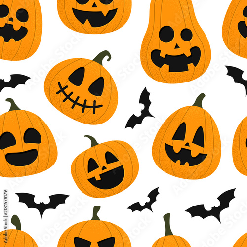 Halloween seamless pattern with pumpkins with different spooky and funny faces on white background. Vector illustration.