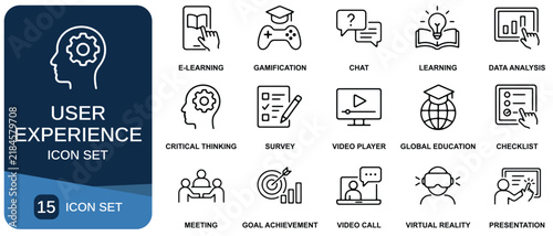 User experience icon set featuring learning communication and data analysis concepts in flat design userinterface