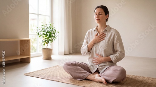 Adult Practicing Breathing Techniques At Home For Anxiety Management, Calm Focus And Wellness