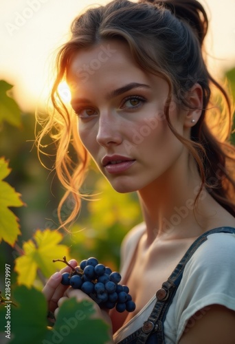 Woman in a vineyard holding grapes.