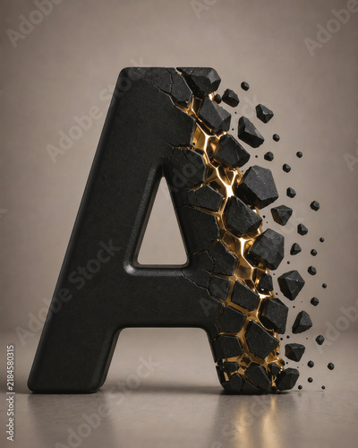 Black letter A cracking apart into flying fragments with glowing golden energy inside, creating a dramatic concept of breakthrough, destruction, transformation and inner power.