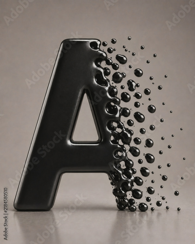 Black letter A dissolving into glossy particles on a neutral background, creating an abstract concept of transformation, fragmentation, change, decay and gradual disappearance.