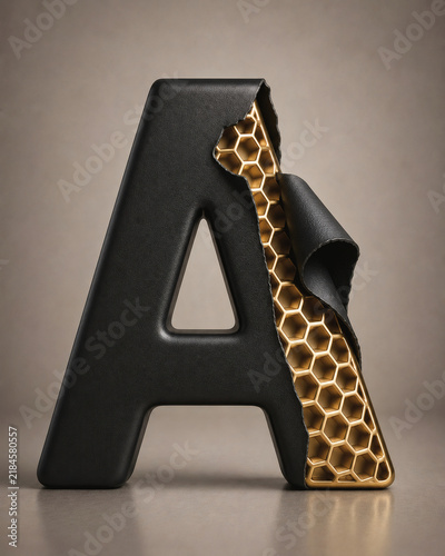 Luxury letter A wrapped in black leather with a peeled edge revealing a glowing gold honeycomb texture, elegant premium typography concept on neutral background.