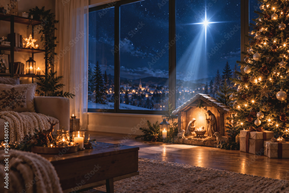 Obraz premium Christian Christmas interior with nativity scene, illuminated Christmas tree and bright Star of Bethlehem shining through the window, symbolizing the birth of Jesus Christ.
