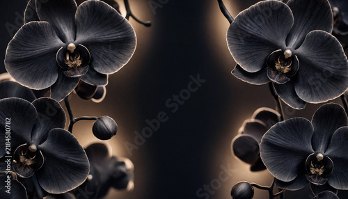 Elegant dark black orchids with golden centers on a moody blurred background