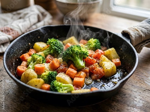 Warm cast iron skillet of roasted broccoli potatoes and cherry tomatoes for healthy home cooking