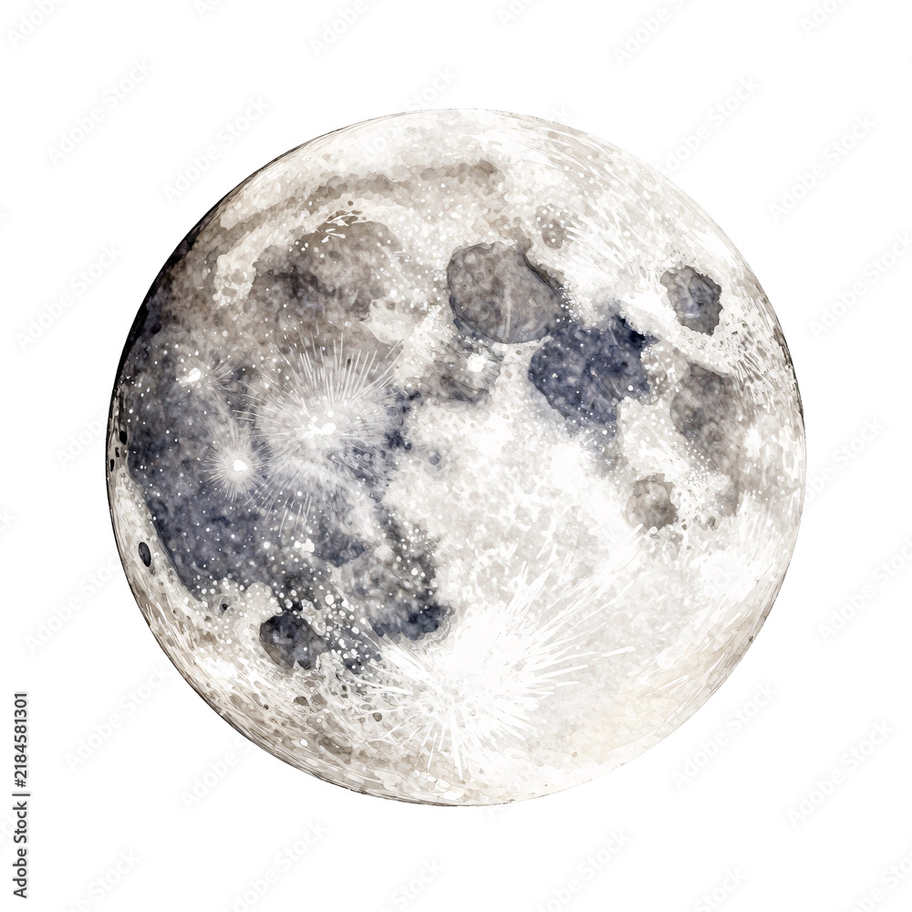 Obraz premium Detailed watercolor illustration of the full moon with visible craters and starbursts