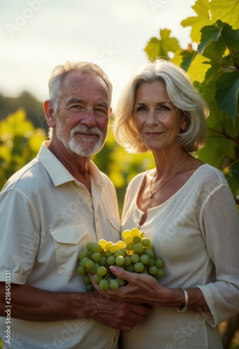 An elderly couple posing with grapes in a vineyard.