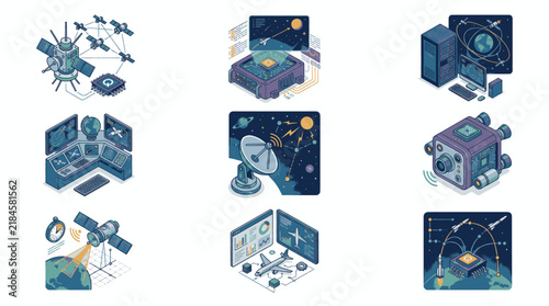 Cuadro en lienzo Collection of isometric illustrations depicting space technology and satellite communication systems