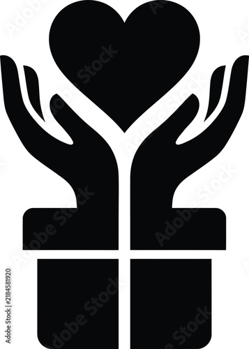 Black vector graphic of hands cupping a heart symbol representing love, charity, care, donation and help isolated on white
