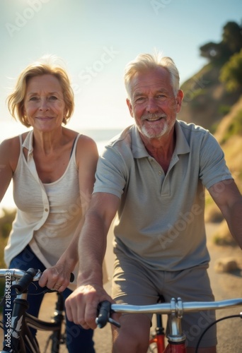 Old couple riding bicycles on the beach.