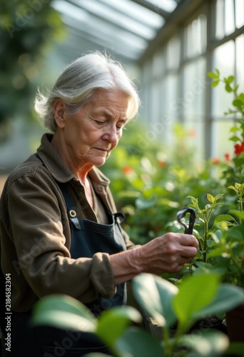 Old woman tending plants in a greenhouse.