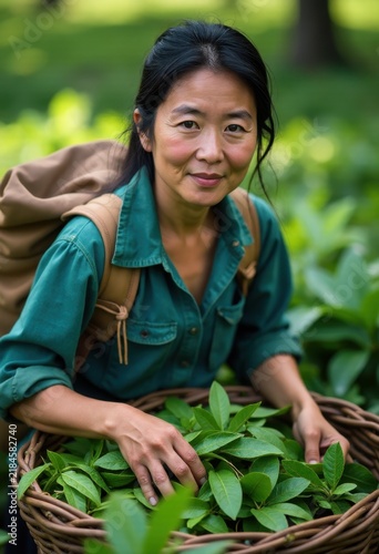 Female farmer with tea leaves.