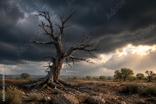 Withered tree isolated on desolate plain, storm-ravaged, distant vegetation, dramatic lighting.