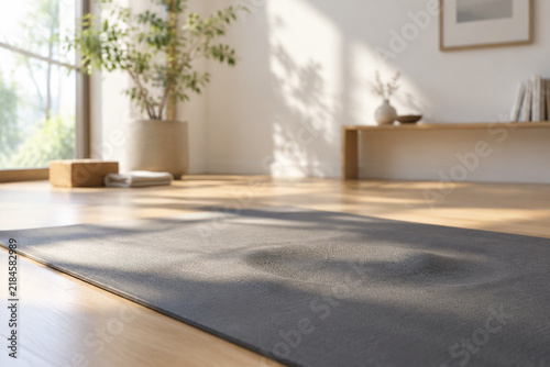 A yoga mat on a sunlit floor showing indentations from a seated pose.