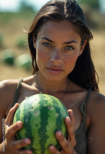 Woman holding watermelon.