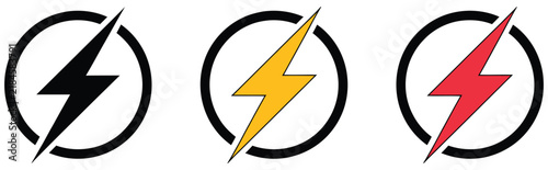 Lightning bolt icon featuring outline solid yellow red and blue styles for electricity energy power charging and speed