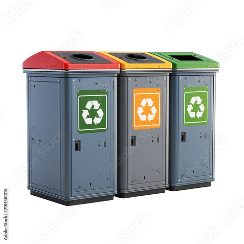 Rubbish bin with color coded compartments for recycling and waste sorting in a public area during daylight hours