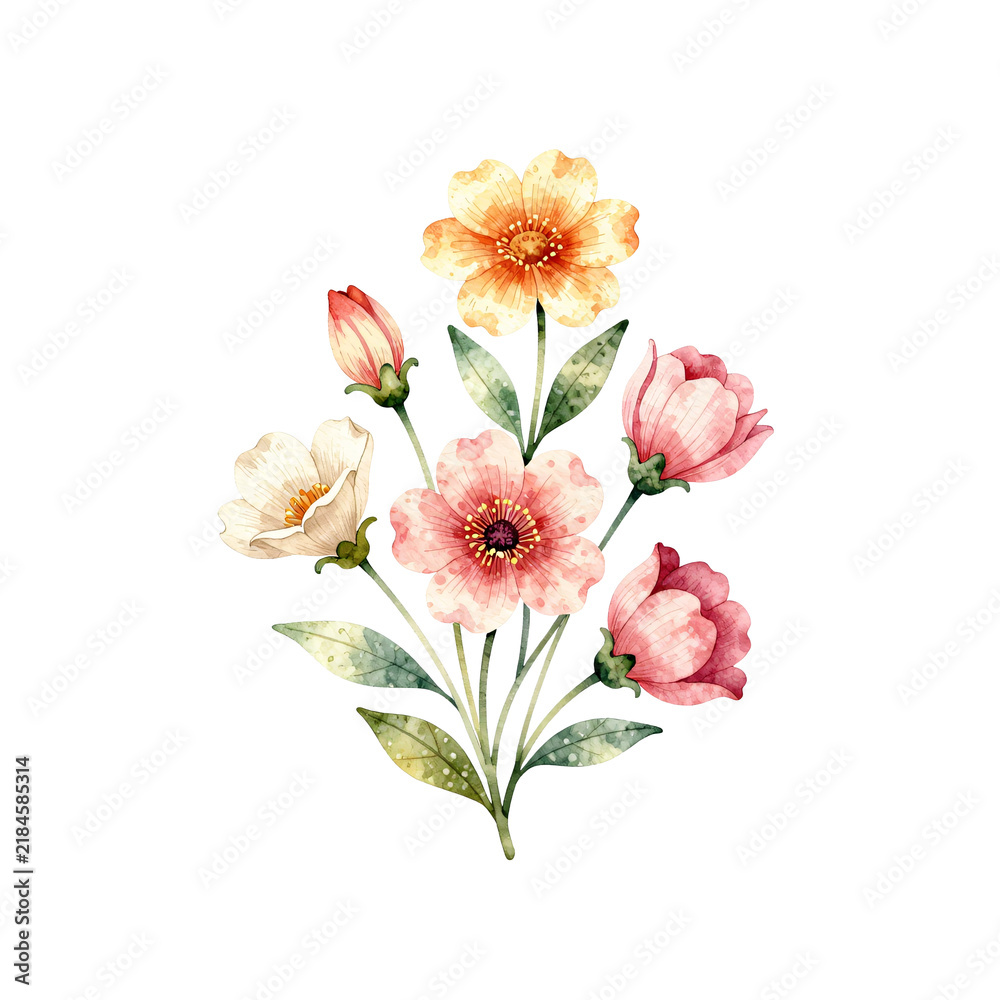 Obraz premium Watercolor floral arrangement with pink, white, and orange flowers and green leaves