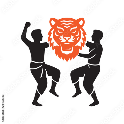 Traditional Thai or South Asian Dancer Silhouette with Tiger Head Mask Logo