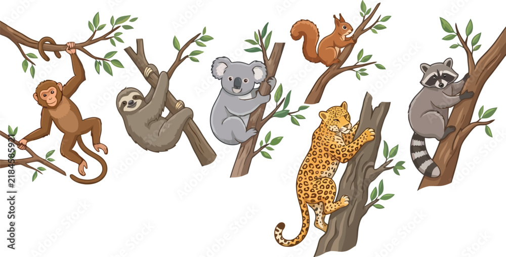 Fototapeta premium Collection of various wild animals climbing on tree branches in a watercolor style.