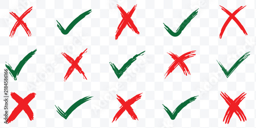 Hand drawn green check mark and red cross mark brush stroke icons. Hand drawn yes correct wrong paint stroke checklist verification background. Vector illustration