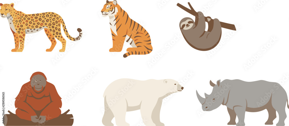 Fototapeta premium A collection of diverse wild animals including a leopard tiger sloth orangutan polar bear and rhinoceros.