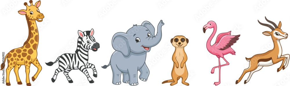 Obraz premium A collection of cute cartoon safari animals standing in a row.
