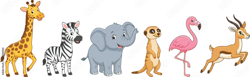 Obraz premium A colorful collection of cute cartoon African safari animals standing in a row.
