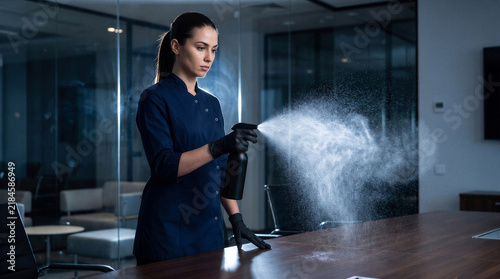 Woman spraying disinfectant in a modern office setting  