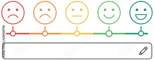 Customer feedback survey line icon featuring colorful smiley ratings sliders and comment boxes for satisfaction and service evaluation