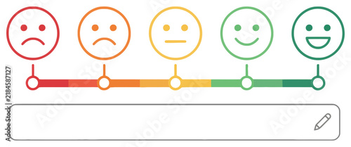 Customer feedback survey line icon with colorful smiley satisfaction scale rating slider and comment box for service reviews