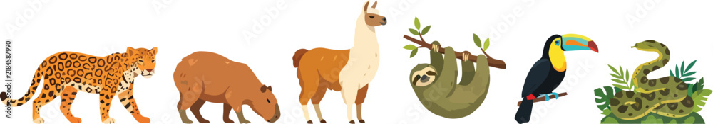 Fototapeta premium A collection of various South American wildlife animals including a jaguar capybara llama sloth toucan and snake.