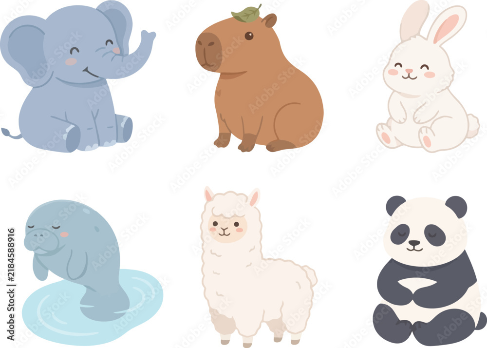 Fototapeta premium A collection of cute cartoon animals including an elephant capybara rabbit manatee alpaca and panda.