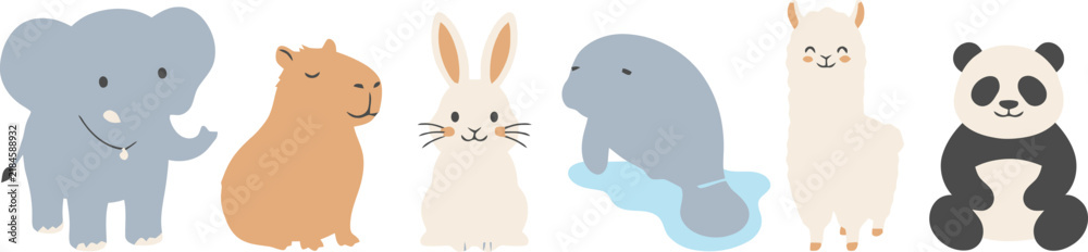 Fototapeta premium A collection of cute cartoon animals including an elephant capybara rabbit manatee llama and panda.