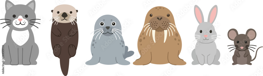 Fototapeta premium A collection of cute cartoon animals including a cat otter seal walrus rabbit and mouse.