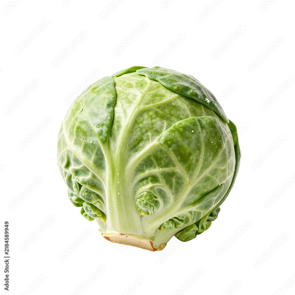 Fototapeta premium Single fresh brussels sprout with water droplets on white background
