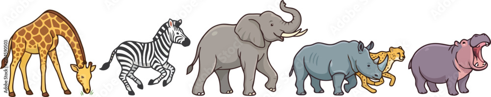 Obraz premium A collection of various wild African animals standing in a row.