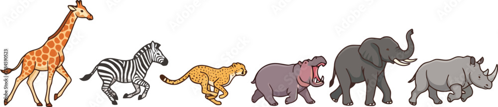 Obraz premium A colorful collection of diverse African safari animals walking in a row.