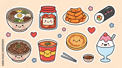 Cute korean food sticker set featuring delicious traditional dishes in a colorful flat vector illustration style