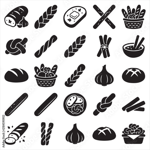 Collection of various bread and bakery product icons in a black and white graphic style with bakery products bread set loaf icons pastry icons food icons bread types baking elements wheat bread