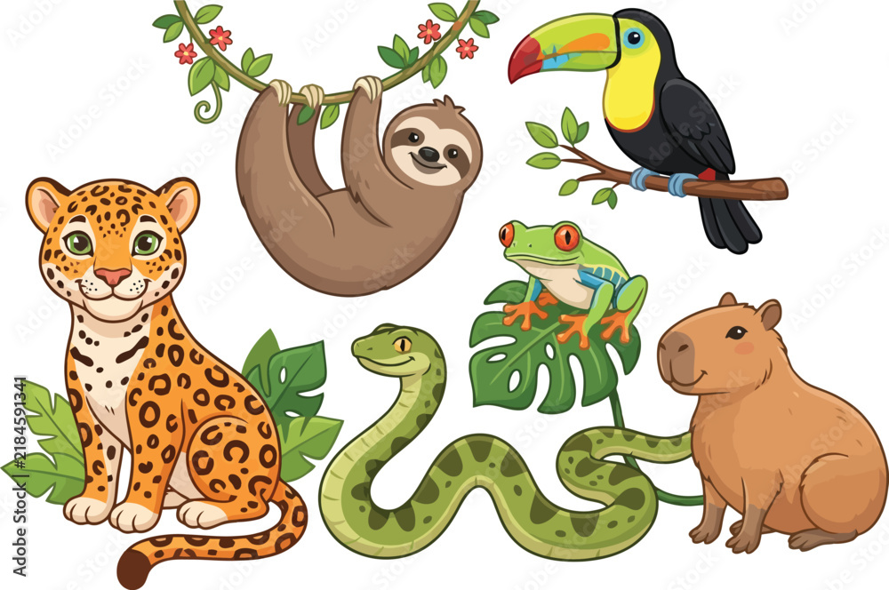 Fototapeta premium A collection of cute cartoon rainforest animals including a jaguar sloth toucan frog snake and capybara.