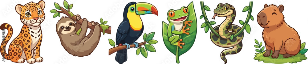 Fototapeta premium A collection of cute watercolor rainforest animals including a leopard sloth toucan frog snake and capybara.